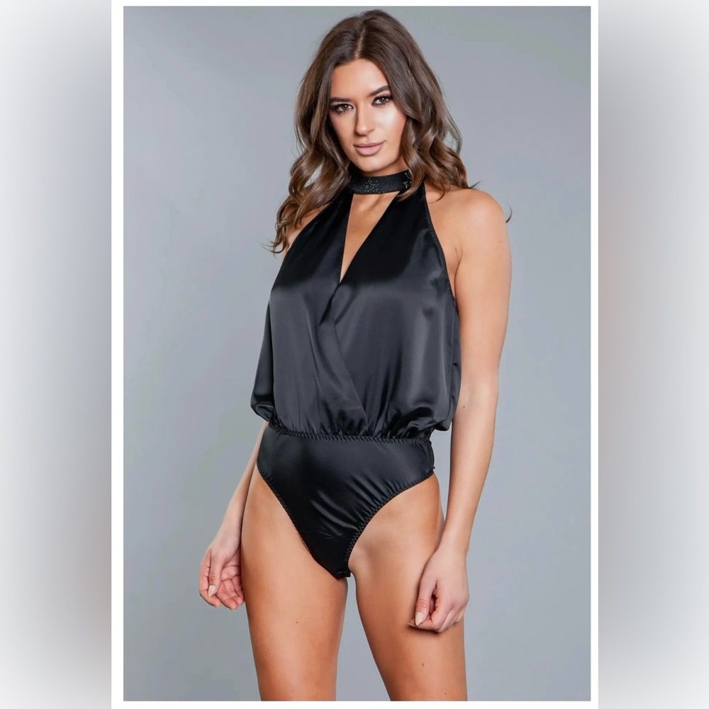 PAIGE SATIN BODYSUIT! Elegant Black Halter Bodysuit NEW WITH TAGS!
